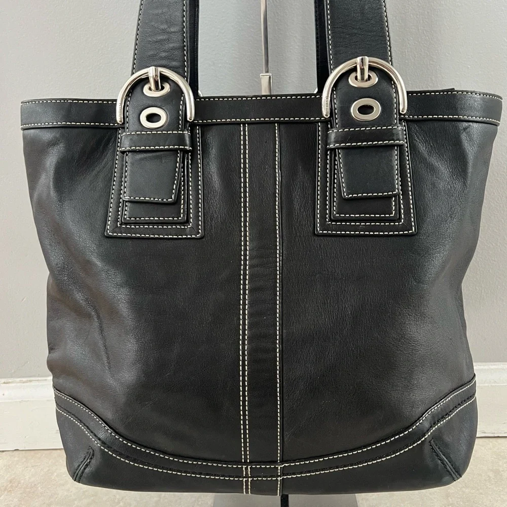 Coach Black Leather Tote with White Stitching